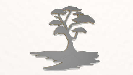 tree with branches made by 3D illustration of a shiny metallic sculpture on a wall with light...