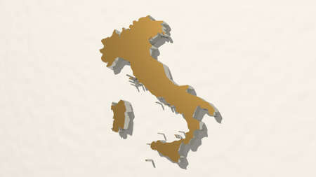 MAP OF ITALY from a perspective on the wall. A thick sculpture made of metallic materials of 3D...