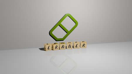 3D graphical image of ERASER vertically along with text built by metallic cubic letters from the top...