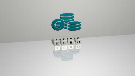 3D representation of EURO with icon on the wall and text arranged by metallic cubic letters on a...