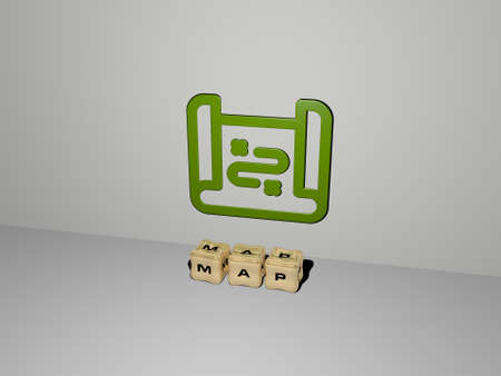 3D representation of map with icon on the wall and text arranged by metallic cubic letters on a...
