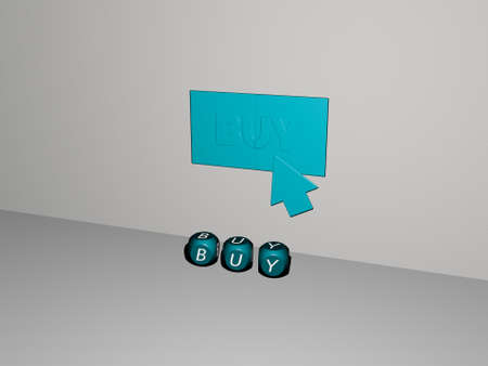 3D representation of BUY with icon on the wall and text arranged by metallic cubic letters on a...
