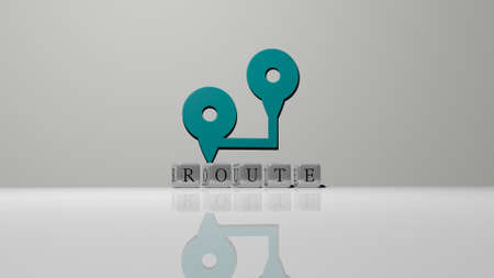 3D illustration of ROUTE graphics and text made by metallic dice letters for the related meanings of...