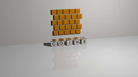 3D illustration of COINS graphics and text made by metallic dice letters for the related meanings of the concept and presentations. background and businessの写真素材