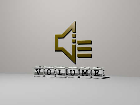 3D representation of VOLUME with icon on the wall and text arranged by metallic cubic letters on a mirror floor for concept meaning and slideshow presentation. illustration and backgroundの写真素材