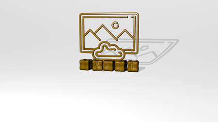 3D representation of image with icon on the wall and text arranged by metallic cubic letters on a mirror floor for concept meaning and slideshow presentationの写真素材