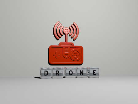 3D graphical image of DRONE vertically along with text built by metallic cubic letters from the top...