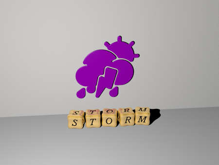 3D illustration of storm graphics and text made by metallic dice letters for the related meanings of the concept and presentations. background and cloudsの写真素材