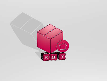 3D illustration of box graphics and text made by metallic dice letters for the related meanings of the concept and presentations. background and giftの写真素材