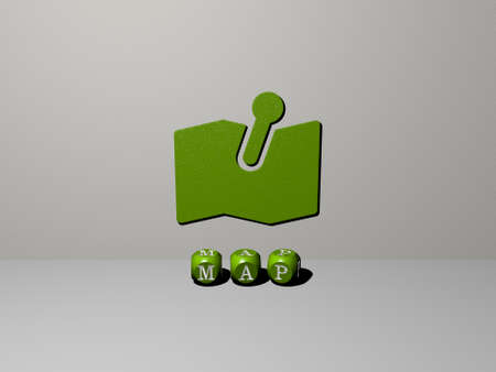 3D representation of MAP with icon on the wall and text arranged by metallic cubic letters on a...