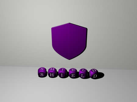 3D representation of SHIELD with icon on the wall and text arranged by metallic cubic letters on a...