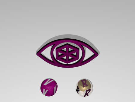 3D graphical image of VR vertically along with text built around the icon by metallic cubic letters from the top perspective, excellent for the concept presentation and slideshows. virtual andの写真素材