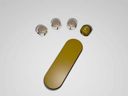 3D graphical image of PILL vertically along with text built around the icon by metallic cubic letters from the top perspective, excellent for the concept presentation and slideshows. medicine andの写真素材