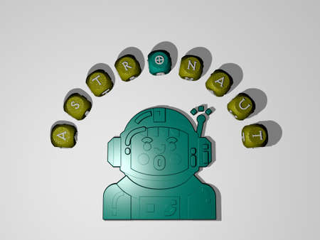 3D graphical image of astronaut vertically along with text built around the icon by metallic cubic...