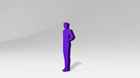 man on the wall. 3D illustration of metallic sculpture over a white background with mild textureの写真素材