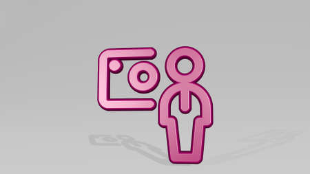 CASH USER stand with shadow. 3D illustration of metallic sculpture over a white background with mild texture. business and moneyの写真素材