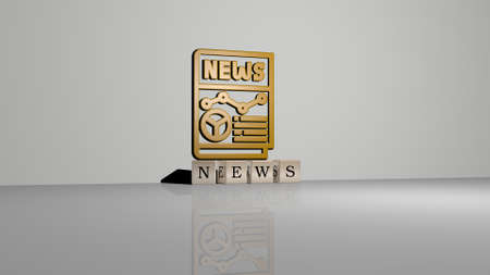3D representation of news with icon on the wall and text arranged by metallic cubic letters on a mirror floor for concept meaning and slideshow presentation. illustration and backgroundの写真素材
