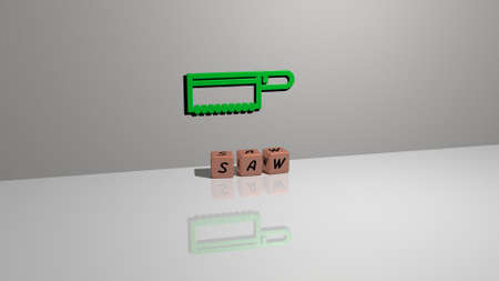 3D representation of SAW with icon on the wall and text arranged by metallic cubic letters on a mirror floor for concept meaning and slideshow presentation. construction and illustrationの写真素材