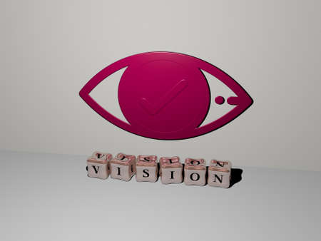 3D illustration of VISION graphics and text made by metallic dice letters for the related meanings...