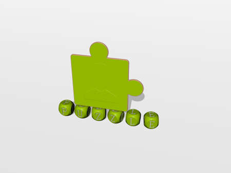 3D illustration of PUZZLE graphics and text made by metallic dice letters for the related meanings of the concept and presentations. background and businessの写真素材