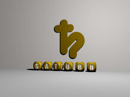 3D graphical image of saturn vertically along with text built by metallic cubic letters from the top...