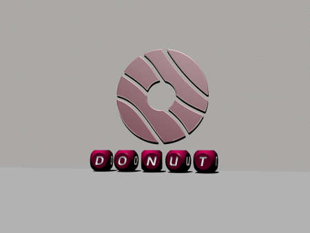 3D representation of DONUT with icon on the wall and text arranged by metallic cubic letters on a...