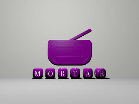 3D illustration of MORTAR graphics and text made by metallic dice letters for the related meanings...