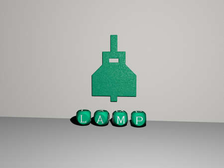 3D representation of lamp with icon on the wall and text arranged by metallic cubic letters on a...