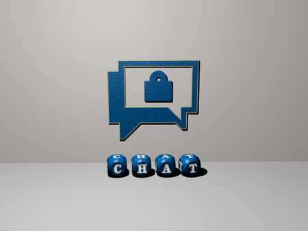 3D representation of chat with icon on the wall and text arranged by metallic cubic letters on a...
