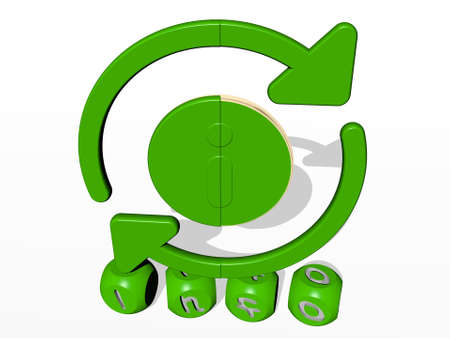 3D representation of INFO with icon on the wall and text arranged by metallic cubic letters on a mirror floor for concept meaning and slideshow presentation. illustration and designの写真素材