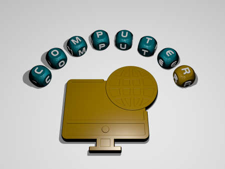 3D illustration of computer graphics and text around the icon made by metallic dice letters for the...