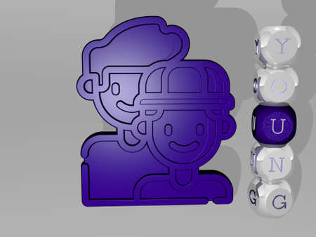 3D illustration of YOUNG graphics and text around the icon made by metallic dice letters for the...