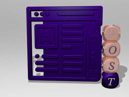 3D representation of POST with icon on the wall and text arranged by metallic cubic letters on a...