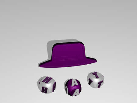 3D illustration of HAT graphics and text around the icon made by metallic dice letters for the related meanings of the concept and presentations. background and girlの写真素材