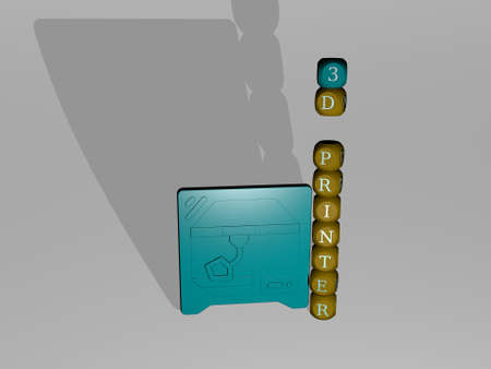 3D representation of 3d printer with icon on the wall and text arranged by metallic cubic letters on...