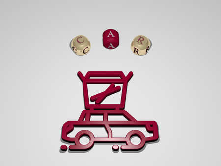 3D illustration of car graphics and text around the icon made by metallic dice letters for the related meanings of the concept and presentations. auto and automobileの写真素材