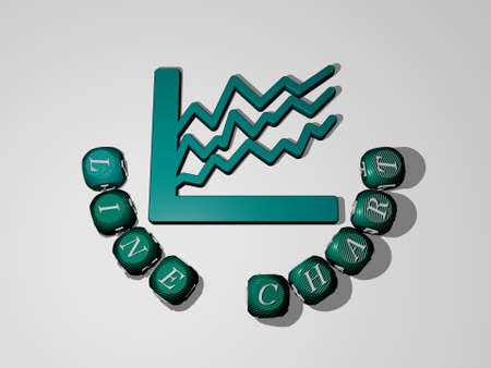 3D representation of line chart with icon on the wall and text arranged by metallic cubic letters on a mirror floor for concept meaning and slideshow presentation. illustration and backgroundの写真素材