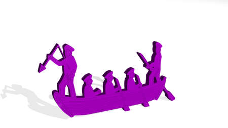BOAT AND SAILORS from a perspective on the wall. A thick sculpture made of metallic materials of 3D rendering. blue and beautifulの写真素材