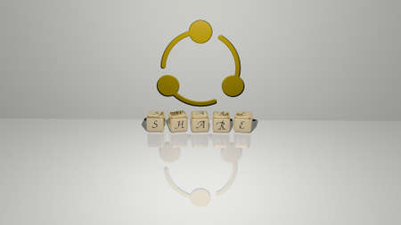 3D representation of SHARE with icon on the wall and text arranged by metallic cubic letters on a mirror floor for concept meaning and slideshow presentation. illustration and businessの写真素材