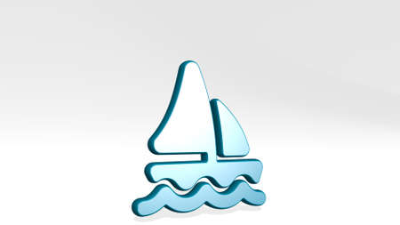 SAILING BOAT WATER from a perspective with the shadow. A thick sculpture made of metallic materials of 3D rendering. sea and blueの写真素材
