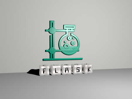 3D graphical image of FLASK vertically along with text built by metallic cubic letters from the top perspective, excellent for the concept presentation and slideshows. illustration and chemicalの写真素材
