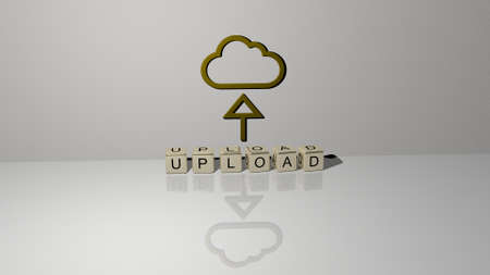 3D representation of UPLOAD with icon on the wall and text arranged by metallic cubic letters on a mirror floor for concept meaning and slideshow presentation. illustration and downloadの写真素材
