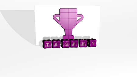 3D representation of trophy with icon on the wall and text arranged by metallic cubic letters on a mirror floor for concept meaning and slideshow presentation. illustration and awardの写真素材