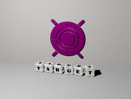 3D representation of target with icon on the wall and text arranged by metallic cubic letters on a...