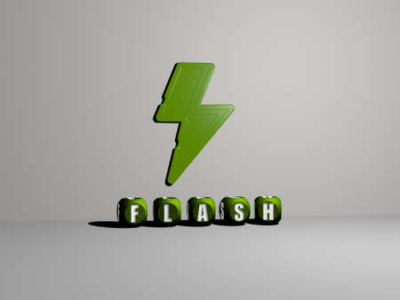 3D graphical image of FLASH vertically along with text built by metallic cubic letters from the top perspective, excellent for the concept presentation and slideshows. illustration and backgroundの写真素材