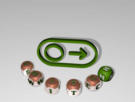 3D illustration of switch graphics and text around the icon made by metallic dice letters for the...