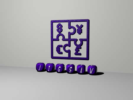 3D graphical image of JIGSAW vertically along with text built by metallic cubic letters from the top perspective, excellent for the concept presentation and slideshows. puzzle and illustrationの写真素材