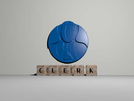 3D representation of clerk with icon on the wall and text arranged by metallic cubic letters on a mirror floor for concept meaning and slideshow presentation. business and illustrationの写真素材