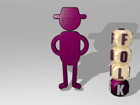 3D representation of FOLK with icon on the wall and text arranged by metallic cubic letters on a mirror floor for concept meaning and slideshow presentation. illustration and backgroundの写真素材