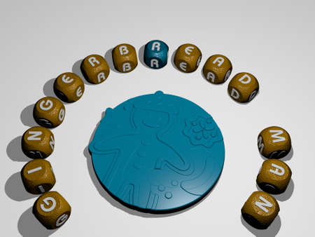 3D representation of gingerbread man with icon on the wall and text arranged by metallic cubic...